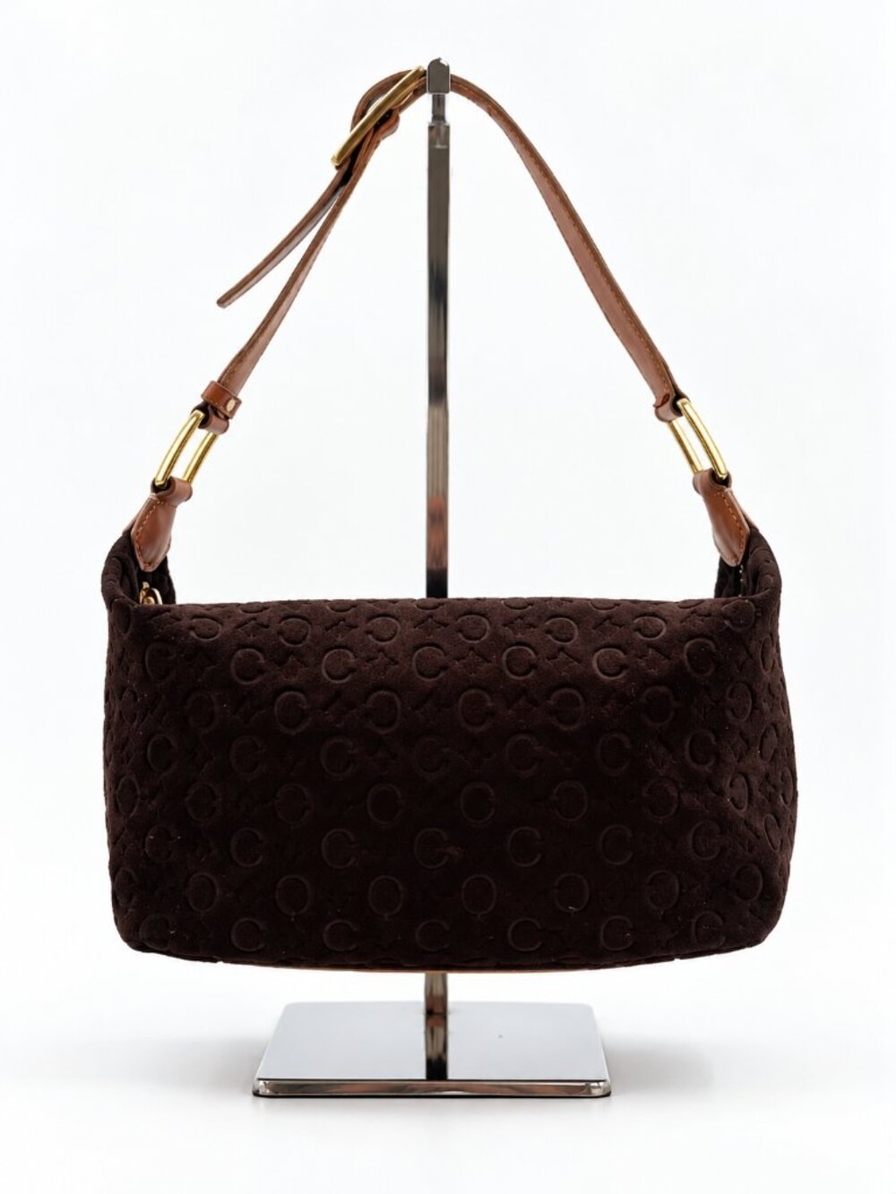 Vintage CELINE C Macadam Suede Shoulder Bag Brown Leather Gold Hardware
